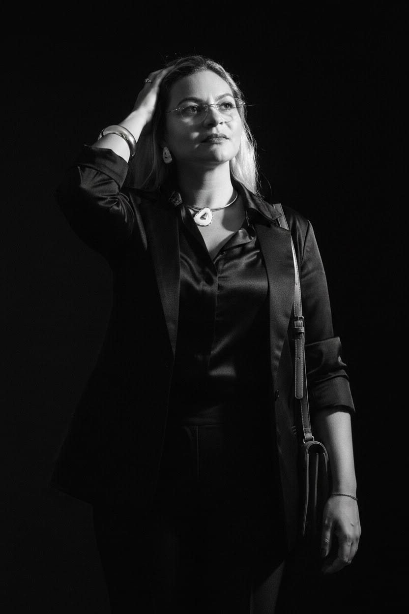 Geosilené, psicóloga, em retrato em preto e branco